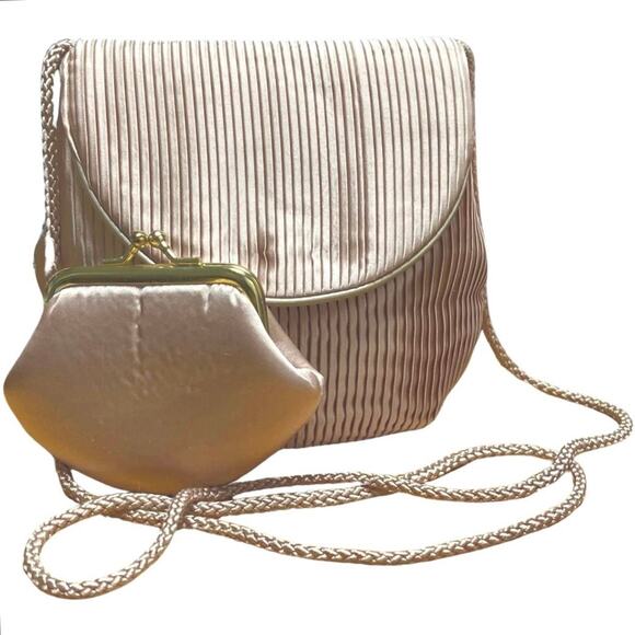 Le-Ann Champagne Color Satin 2 Piece Shoulder Bag and Coin Purse Prom Wedding - Picture 1 of 7